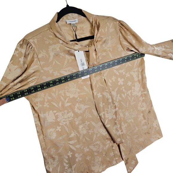 Calvin Klein NWT PXL Gold Floral Large Prints Tie Neck Bow Blouse. Career. Sexy - Picture 5 of 15